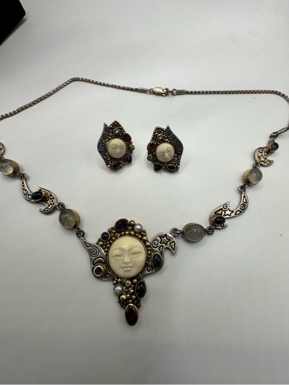 Sajen, Artisan Moon Face Pendant Necklace and Earrings set 925 and gems